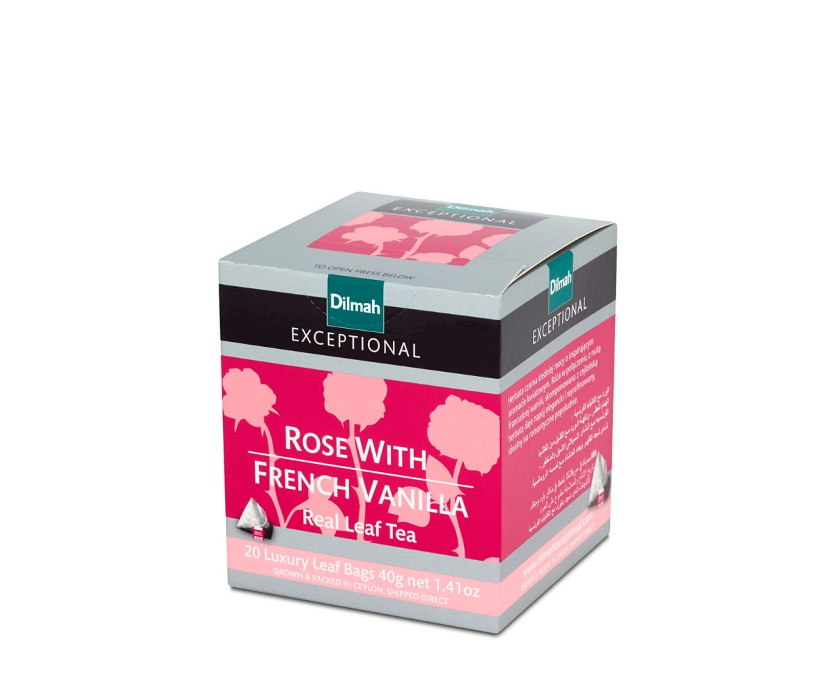 Herbata Czarna Aromatyzowana  W porcjach  Dilmah Rose with French Vanilla [20x2g] - Cejlońska czarna herbata z aromatem róży i francuskiej wanilii.    20 stożkowych biodegradowalnych torebek ekspresowych 2g z zawieszką 1
