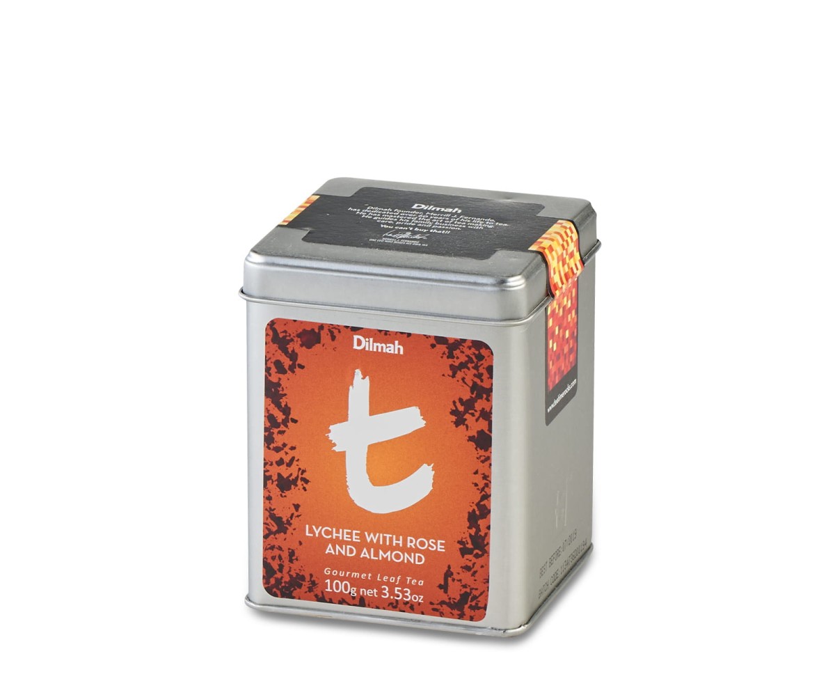 Herbaty czarne aromatyzowane sypkie w puszce Dilmah t-Series Lychee with Rose and Almond [100g] Cejlońska czarna herbata z aromatem owocu liczi, róży i migdałów 1