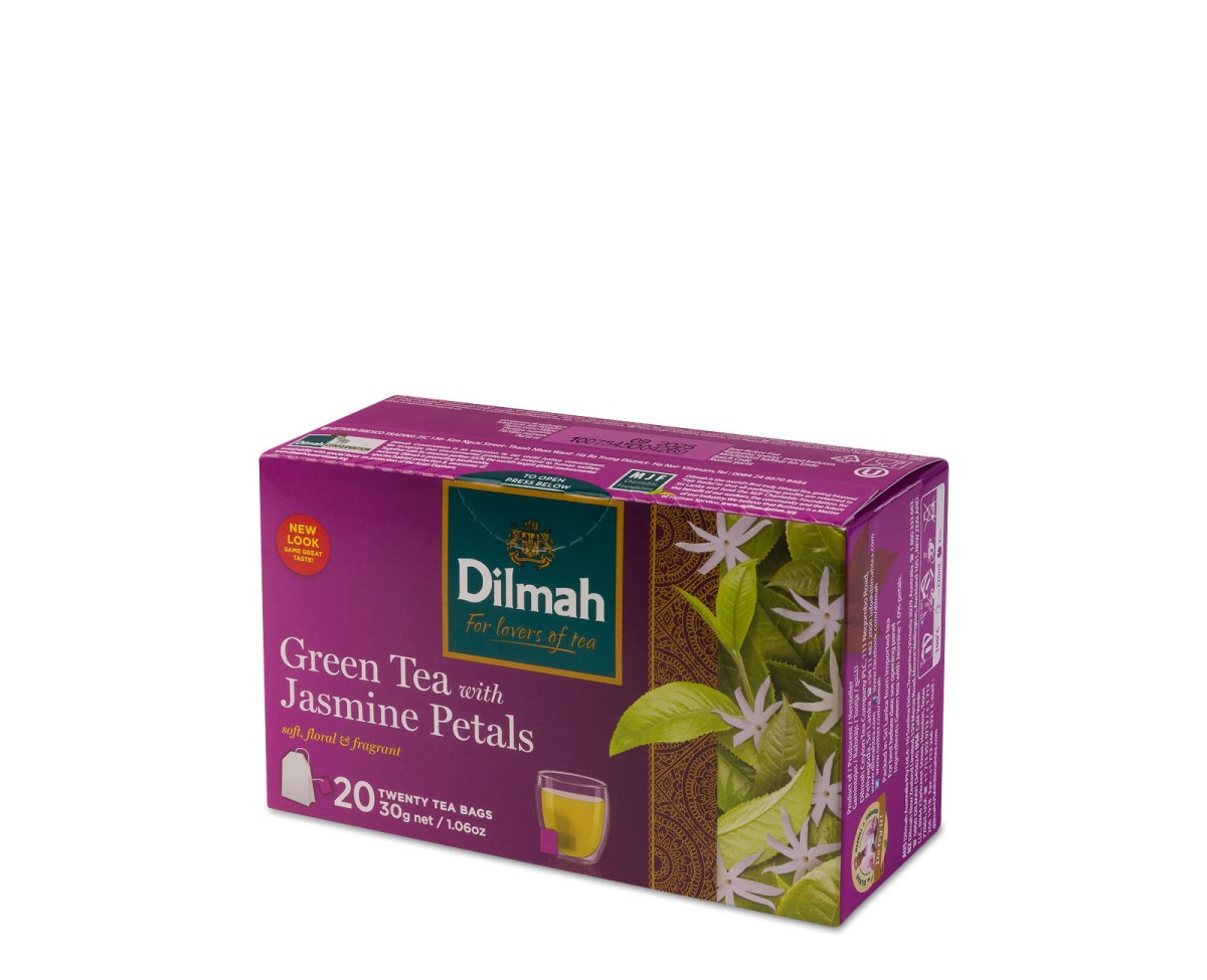 Herbata Zielona z dodatkami w porcjach - Dilmah Green Tea with natural Jasmine [20x1,5g] - Zielona herbata z kwiatami jaśminu - 20 torebek ekspresowych 1,5g z zawieszką 1
