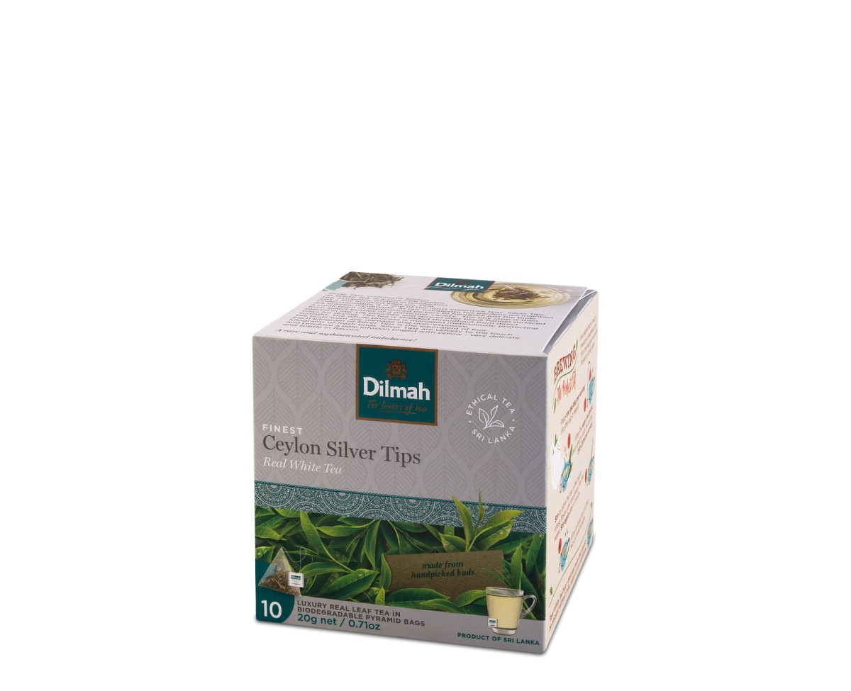 Herbata biała - Dilmah Real White Tea Ceylon Silver Tips [10x2g] - Prawdziwa biała cejlońska herbata.    10 stożkowych biodegradowalnych torebek ekspresowych 2g z zawieszką 1