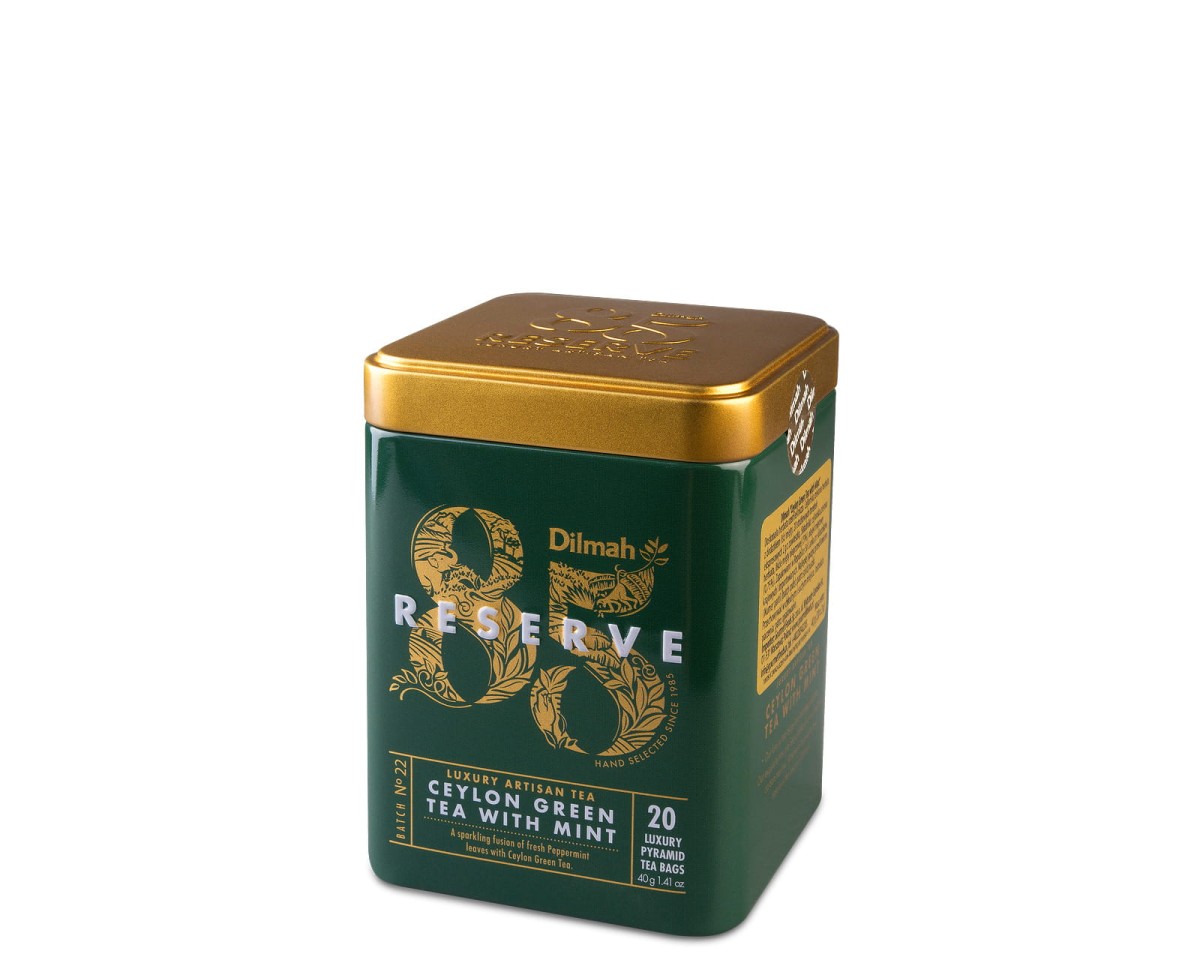 Herbata zielona z dodatkami ekspresowa w puszce - Dilmah 85 Reserve Ceylon Green Tea With Mint [20x2g]  - Cejlońska zielona herbata z dodatkiem liści mięty i olejku miętowego - 20 stożkowych biodegradowalnych torebek ekspresowych 2g z zawieszką w puszce 1