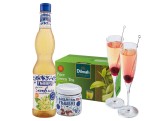 Zestaw produktów do stworzenia walentynkowego mocktailu na bazie zielonej herbaty Dilmah