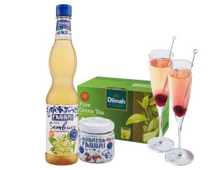 Zestaw produktów do stworzenia walentynkowego mocktailu na bazie zielonej herbaty Dilmah