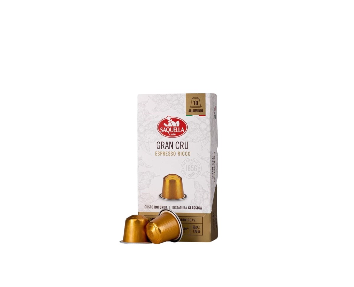 Kapsułki kompatybilne Nespresso - Saquella Gran Cru Espresso Ricco [10x5g] - Kawa w kapsułkach, palona i mielona - 10 aluminiowych kapsuł kompatybilnych z systemem Nespresso® - 1