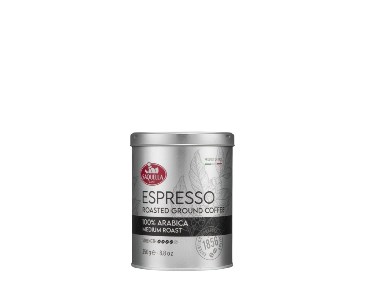 włoska kawa mielona w puszce - Saquella Espresso 100% Arabica Medium Roast [250g] - Mieszanka naturalnej kawy palonej i mielonej.    250g kawy mielonej w puszce z metalowym wieczkiem - 1