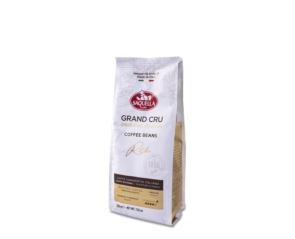 Saquella Grand Cru Rich Original Italian [200g] - Mieszanka naturalnej kawy ziarnistej.    200g kawy ziarnistej w hermetycznym opakowaniu z zaworkiem.