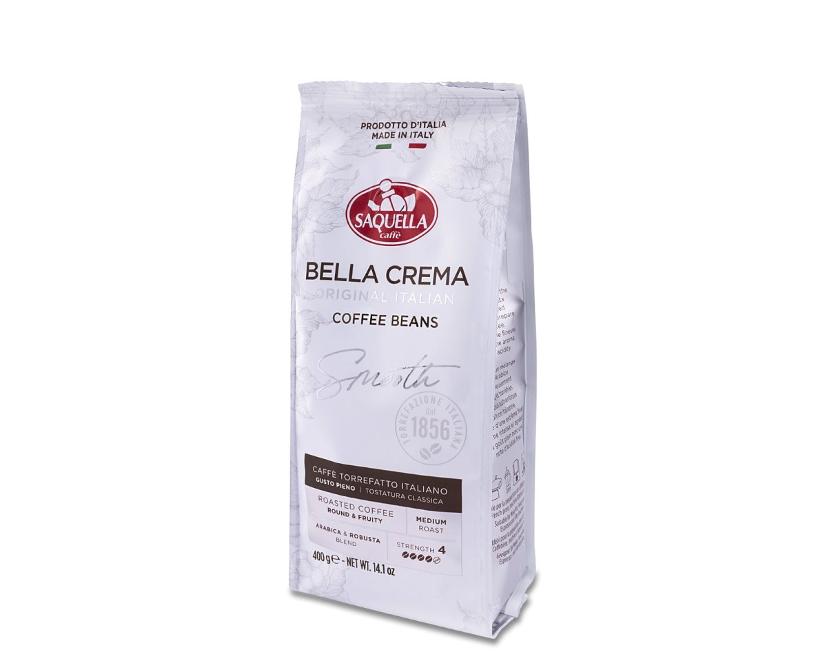 Saquella Bella Crema Smooth Original Italian [400g] - Mieszanka naturalnej kawy ziarnistej. 400g kawy ziarnistej w hermetycznym opakowaniu z zaworkiem