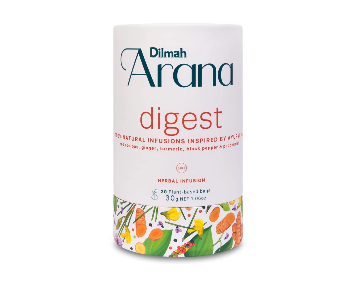 Rooibos z dodatkami - Dilmah Arana Digest [20x1,5g] - Czerwony rooibos, imbir, kurkuma, czarny pieprz, mięta pieprzowa. Naturalny napar inspirowany Ajurwedą - 20 biodegradowalnych stożkowych torebek ekspresowych - 1