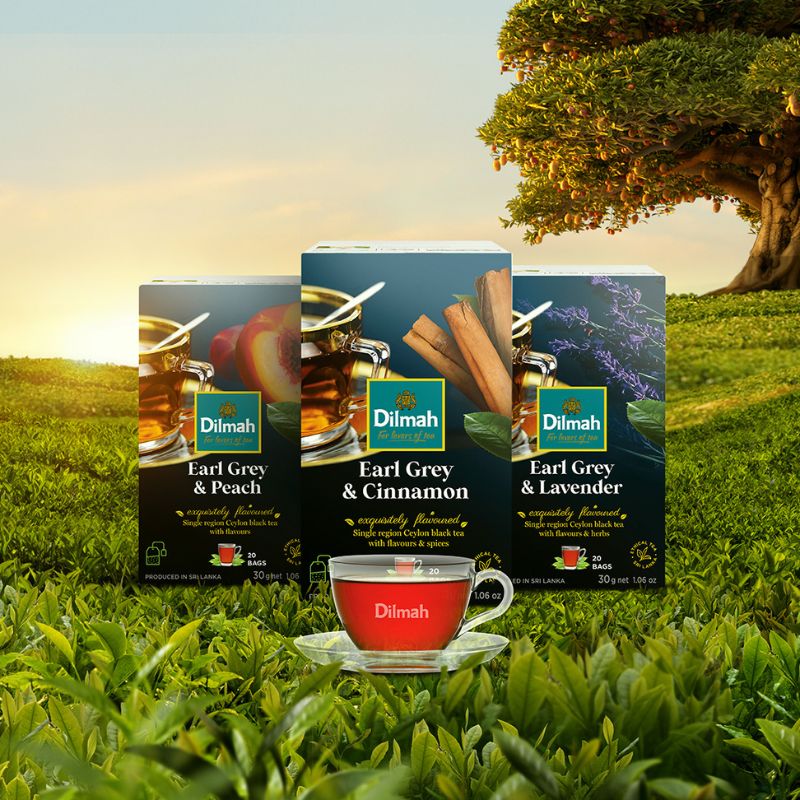 Opakowania Dilmah Earl Grey & Peach, Dilmah Earl Grey & Lavender oraz Dilmah Earl Grey & Cinnamon na tle cejlońskiej plantacji herbaty.